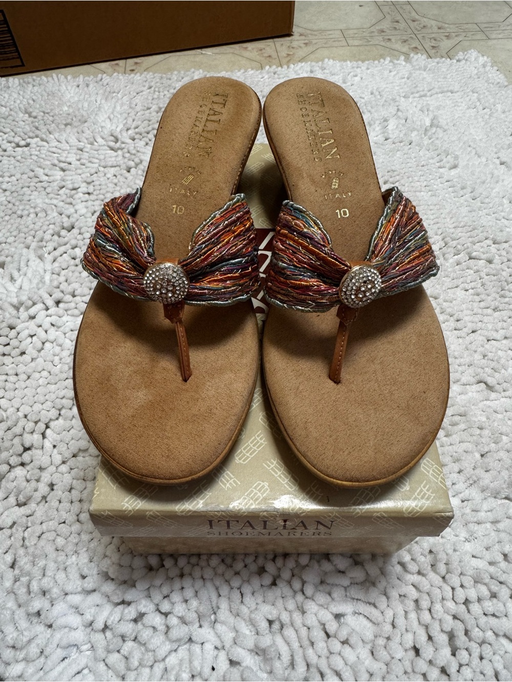 Italian Shoemakers Multicolor Braided Thong Sandals with Jeweled Accent